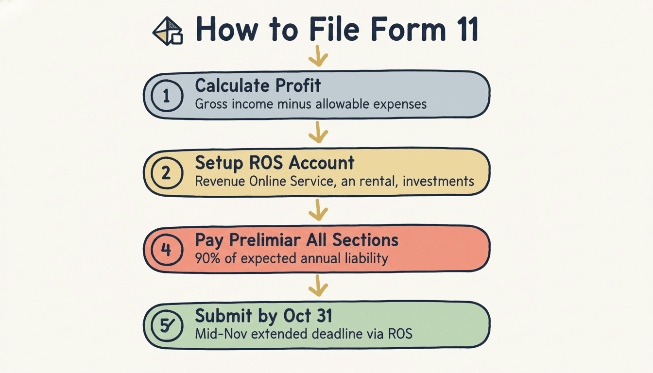 How to file Form 11 Ireland: calculate profit, setup ROS, complete return, pay preliminary tax, submit by October
