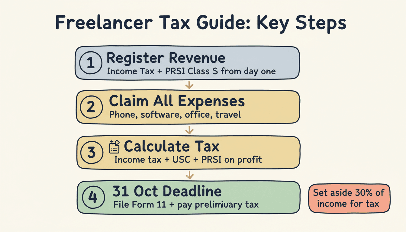 Freelancer tax guide Ireland: Register Revenue, claim expenses, calculate tax, file Form 11 by October