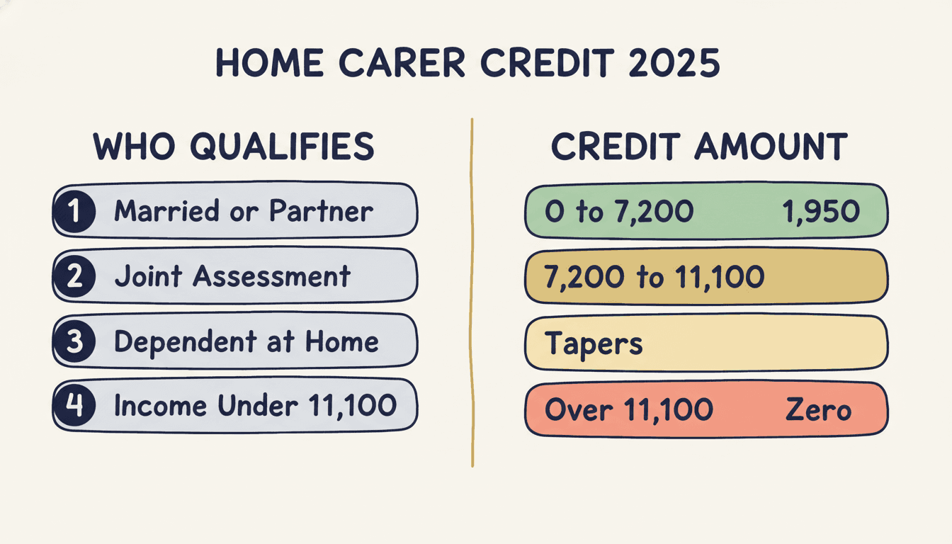 Home Carer Tax Credit Ireland 2026: 4 eligibility conditions and credit tapering from €1,950 at €7,200 income to nil at €11,100