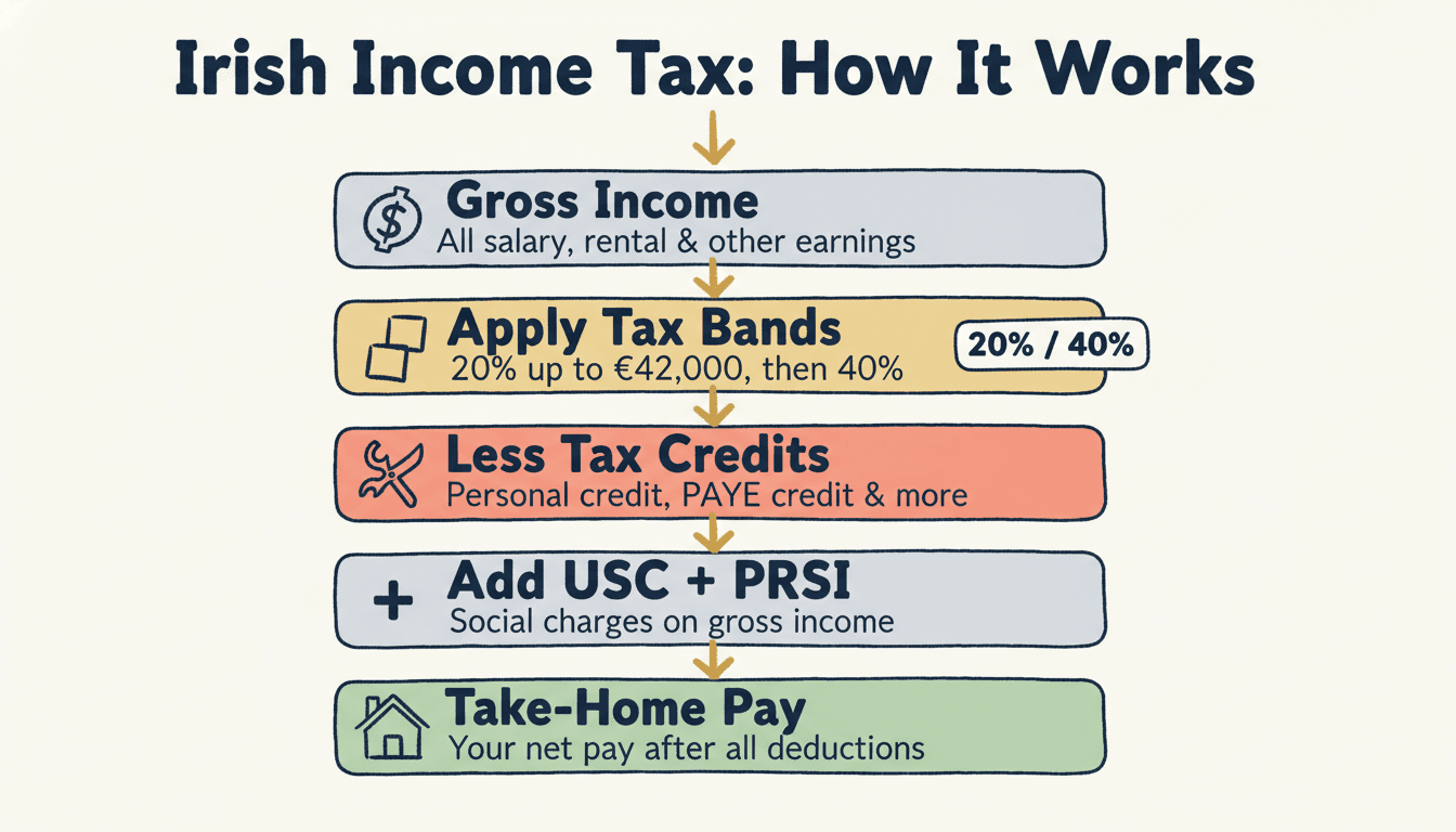 Irish Income Tax calculation flow: Gross Income to Take-Home Pay
