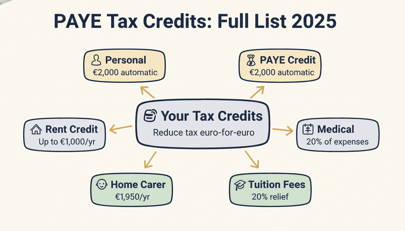 PAYE tax credits Ireland 2026: Personal €2,000, PAYE €2,000, Rent €1,000, Medical 20%, Home Carer €1,950, Tuition 20%