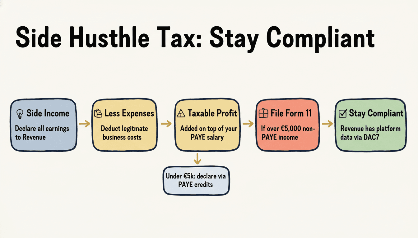 Side hustle tax Ireland: declare income, deduct expenses, add to PAYE, register if over €5,000, file Form 11